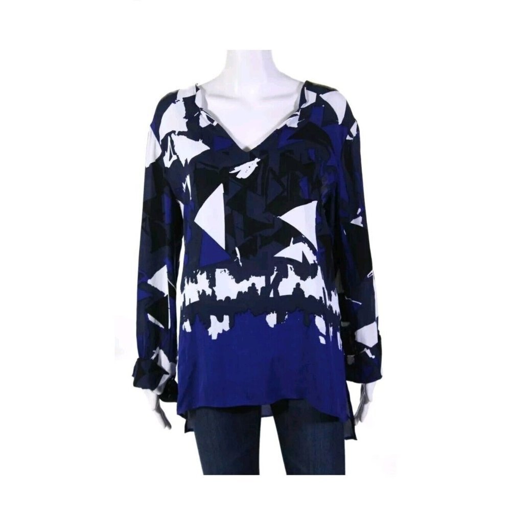 Waverly Grey Long Sleeve V Neck Blouse Tunic Black Blue Size Large NWT